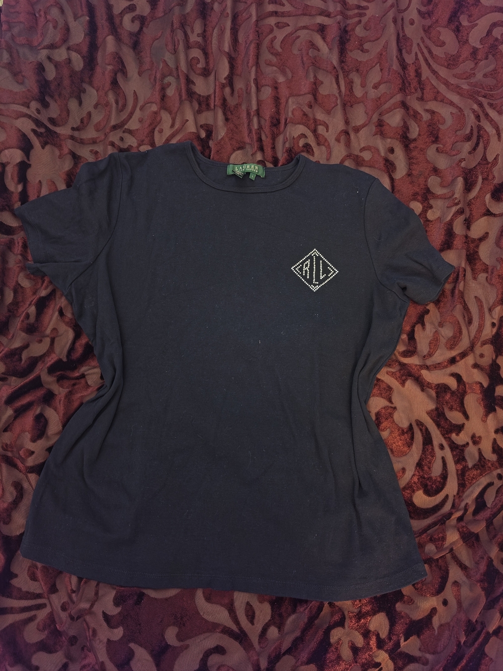 Ralph Lauren Navy Tee with Rhinestone RL Diamond Logo